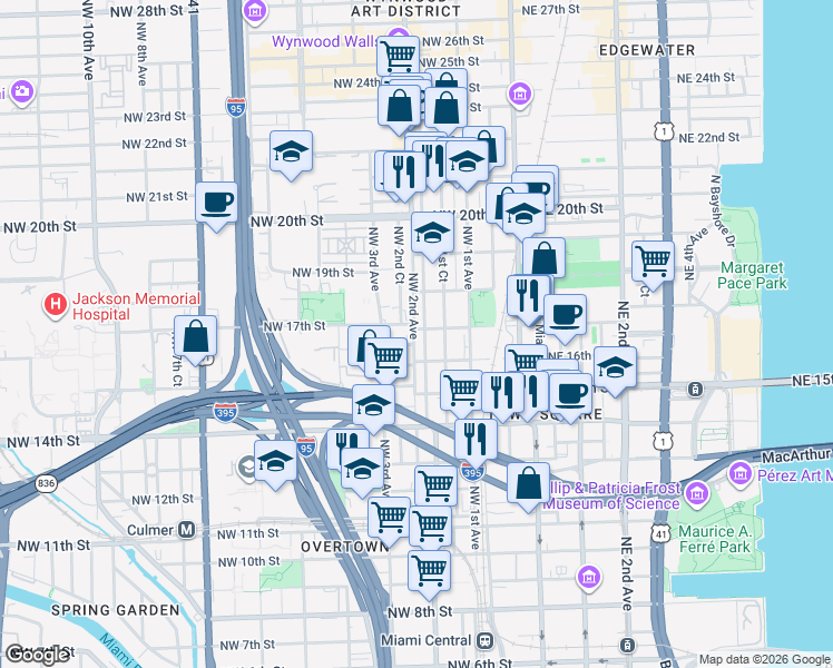 map of restaurants, bars, coffee shops, grocery stores, and more near 207 Northwest 16th Street in Miami
