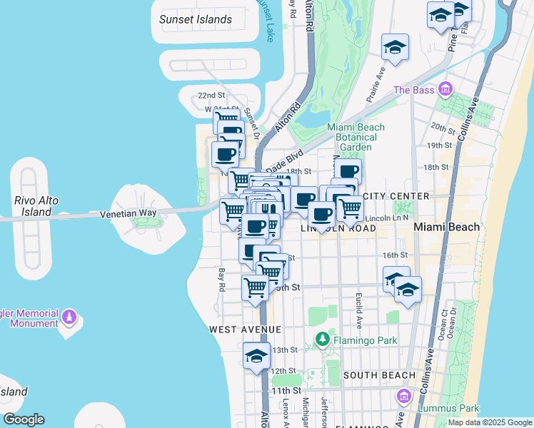 map of restaurants, bars, coffee shops, grocery stores, and more near 1111 Lincoln Road in Miami Beach