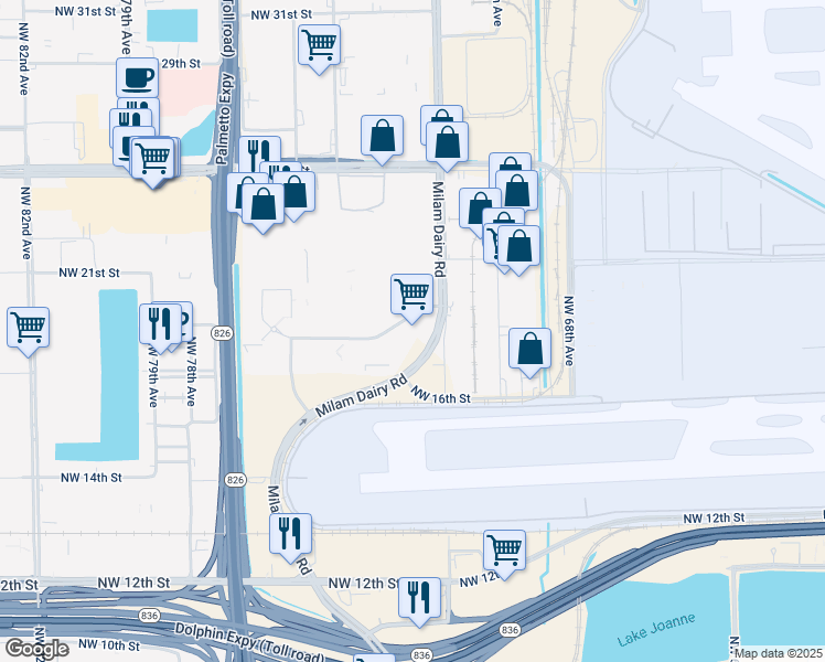map of restaurants, bars, coffee shops, grocery stores, and more near 7200 Northwest 19th Street in Doral