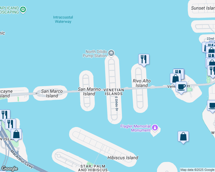 map of restaurants, bars, coffee shops, grocery stores, and more near 430 West Dilido Drive in Miami Beach