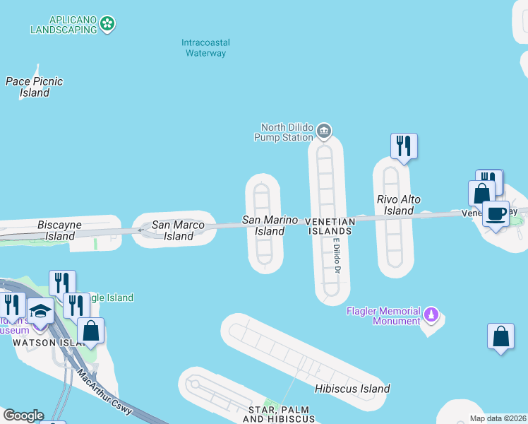 map of restaurants, bars, coffee shops, grocery stores, and more near 115 Venetian Way San Marino Island in Miami Beach