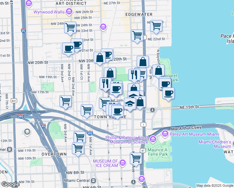 map of restaurants, bars, coffee shops, grocery stores, and more near 1615 Northeast Miami Place in Miami