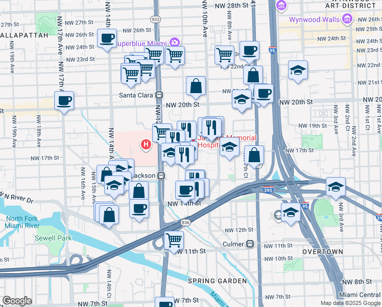 map of restaurants, bars, coffee shops, grocery stores, and more near 1611 Northwest 12th Avenue in Miami