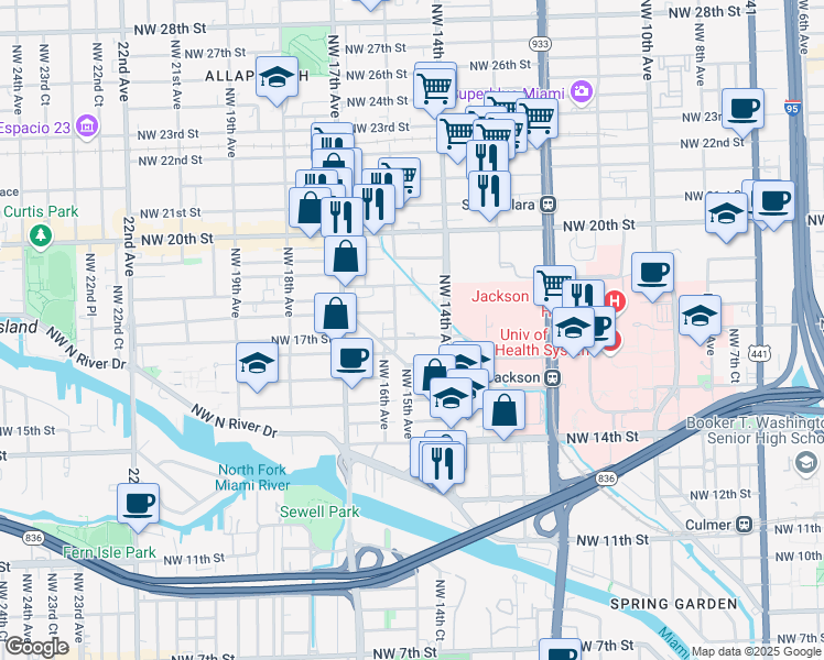 map of restaurants, bars, coffee shops, grocery stores, and more near 1401 Northwest 16th Street in Miami