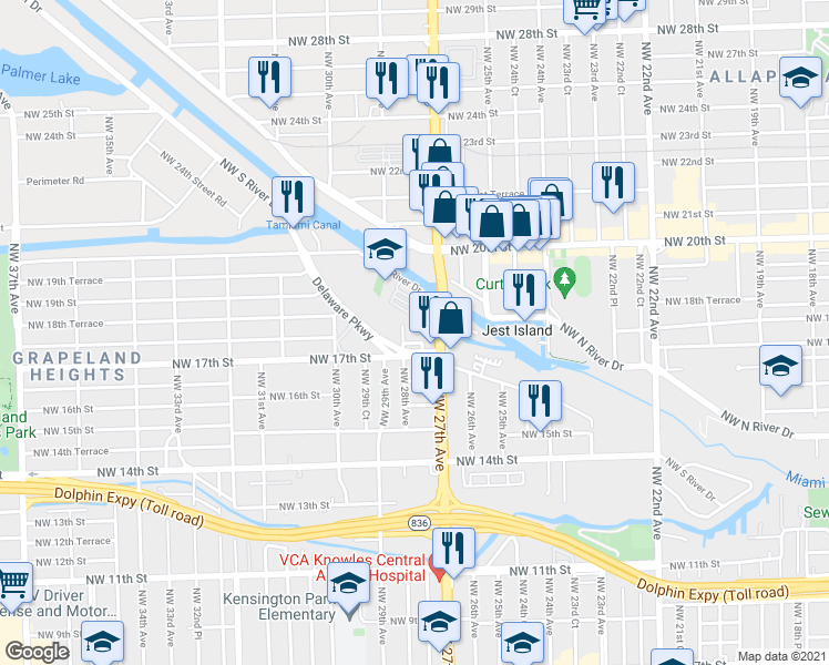 map of restaurants, bars, coffee shops, grocery stores, and more near 2765 Northwest 17th Terrace in Miami