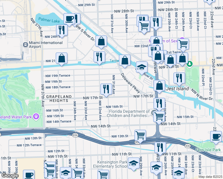 map of restaurants, bars, coffee shops, grocery stores, and more near 3074 Northwest 18th Street in Miami