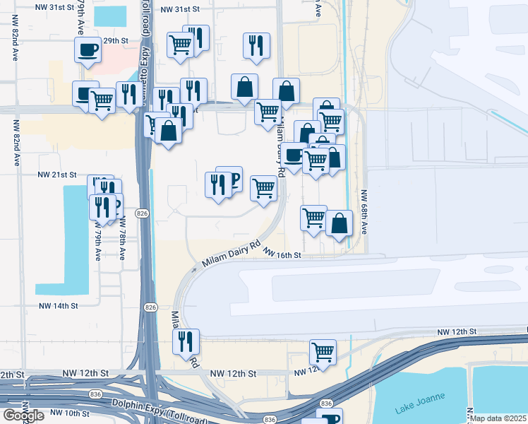 map of restaurants, bars, coffee shops, grocery stores, and more near 7334-7354 NW 19th St in Miami