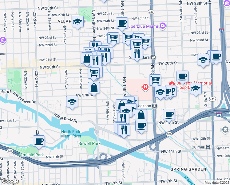 map of restaurants, bars, coffee shops, grocery stores, and more near 1401 Northwest 16th Street in Miami