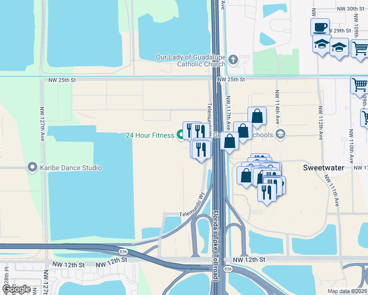 map of restaurants, bars, coffee shops, grocery stores, and more near 1742 Northwest 117th Avenue in Miami