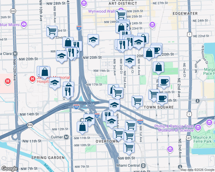 map of restaurants, bars, coffee shops, grocery stores, and more near 1699 Northwest 4th Avenue in Miami