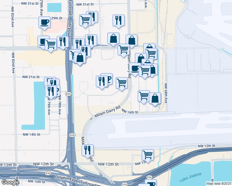 map of restaurants, bars, coffee shops, grocery stores, and more near 7354 Corporate Center Drive in Miami