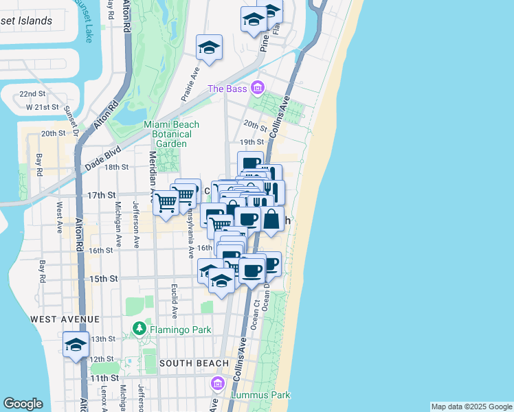 map of restaurants, bars, coffee shops, grocery stores, and more near in Miami Beach