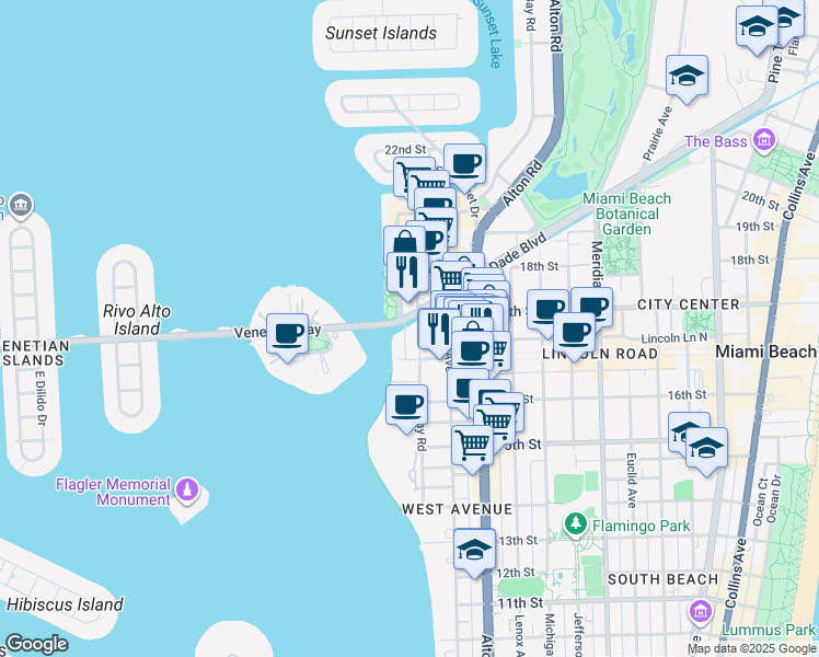 map of restaurants, bars, coffee shops, grocery stores, and more near 1665 Bay Road in Miami Beach