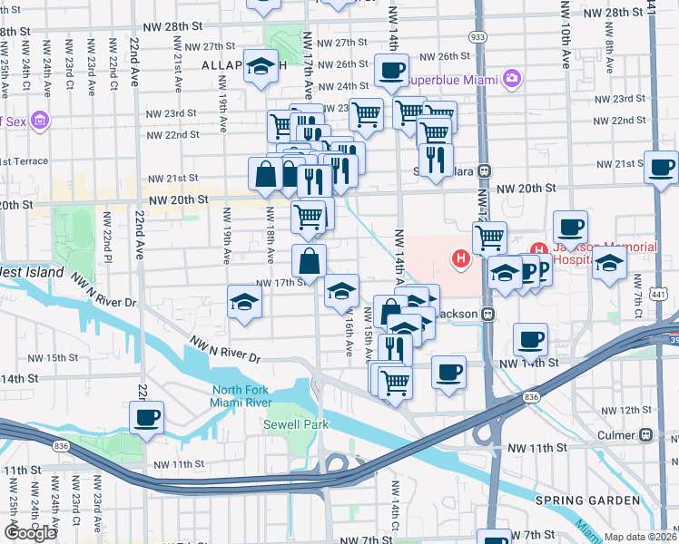 map of restaurants, bars, coffee shops, grocery stores, and more near 1661 Northwest 15th Street Road in Miami