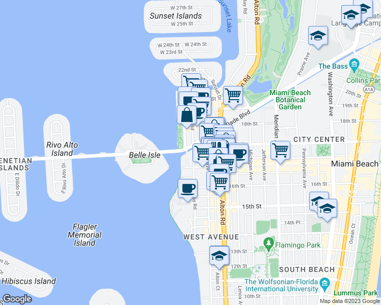 map of restaurants, bars, coffee shops, grocery stores, and more near 1665 Bay Road in Miami Beach