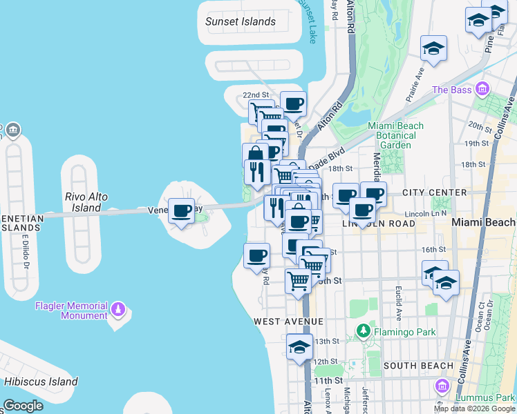 map of restaurants, bars, coffee shops, grocery stores, and more near 1665 Bay Road in Miami Beach