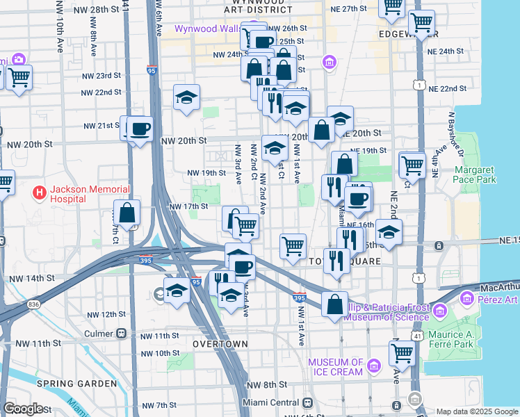 map of restaurants, bars, coffee shops, grocery stores, and more near 207 Northwest 16th Street in Miami