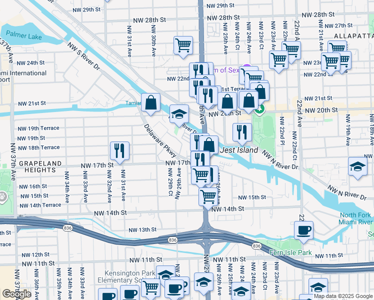 map of restaurants, bars, coffee shops, grocery stores, and more near 2765 Northwest 17th Terrace in Miami