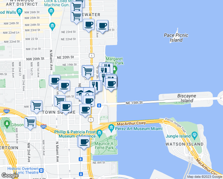 map of restaurants, bars, coffee shops, grocery stores, and more near 1717 North Bayshore Drive in Miami