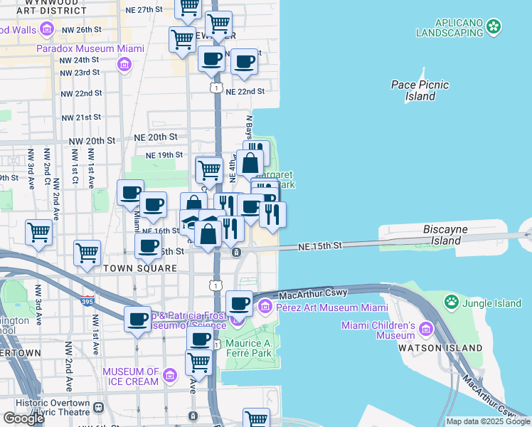map of restaurants, bars, coffee shops, grocery stores, and more near 1717 North Bayshore Drive in Miami