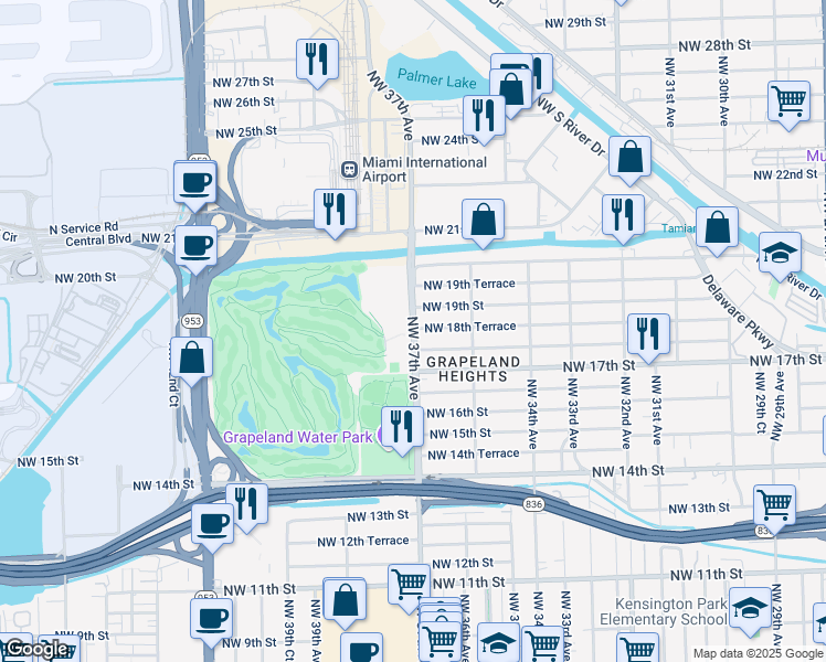 map of restaurants, bars, coffee shops, grocery stores, and more near 1802 Northwest 37th Avenue in Miami