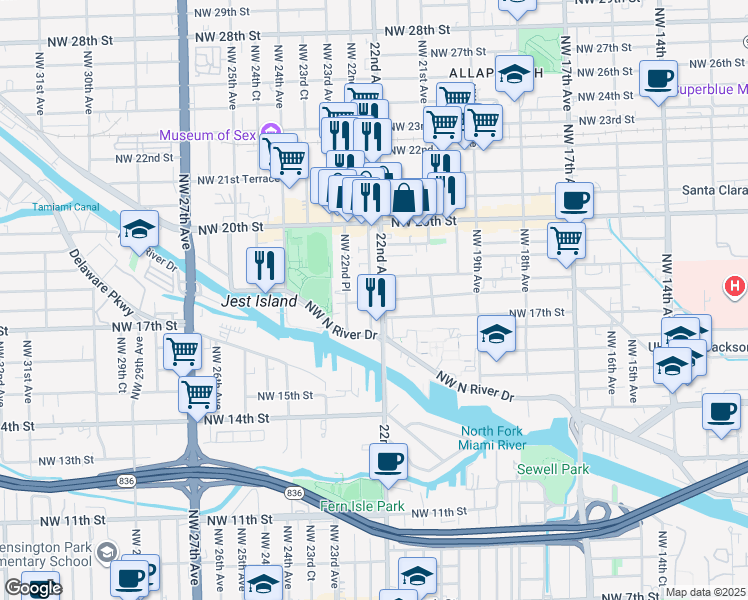 map of restaurants, bars, coffee shops, grocery stores, and more near 1696 Northwest 22nd Court in Miami