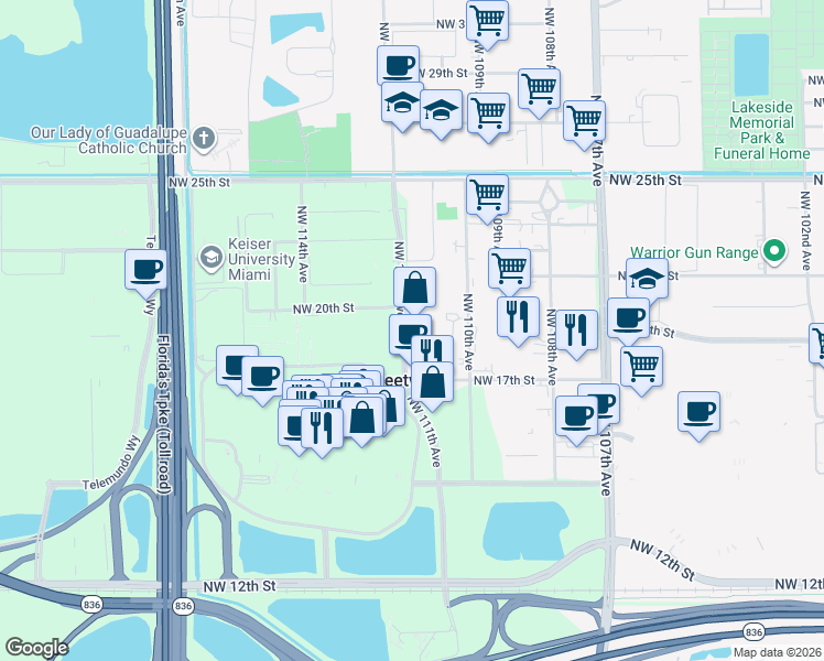map of restaurants, bars, coffee shops, grocery stores, and more near 2051 Northwest 112th Avenue in Miami
