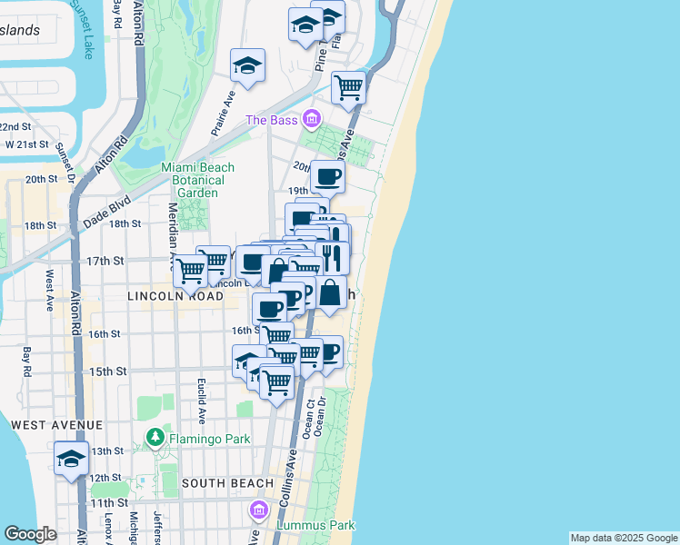 map of restaurants, bars, coffee shops, grocery stores, and more near 41 Lincoln Road in Miami Beach