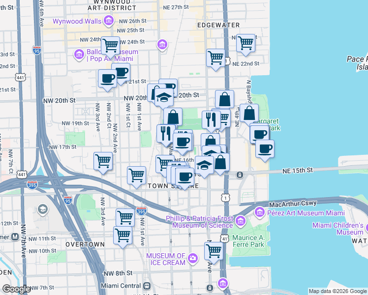 map of restaurants, bars, coffee shops, grocery stores, and more near 1615 Northeast Miami Place in Miami