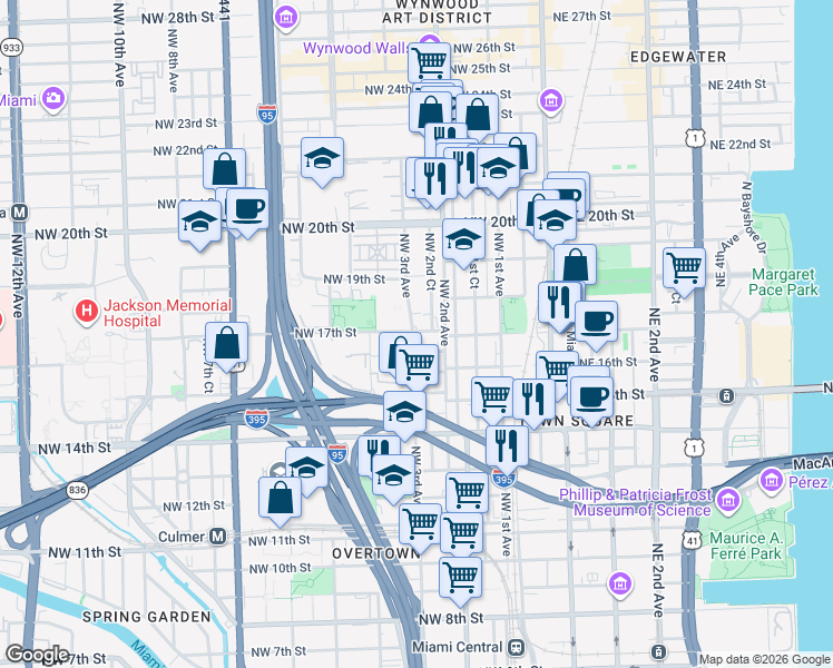 map of restaurants, bars, coffee shops, grocery stores, and more near 1600 Northwest 3rd Avenue in Miami
