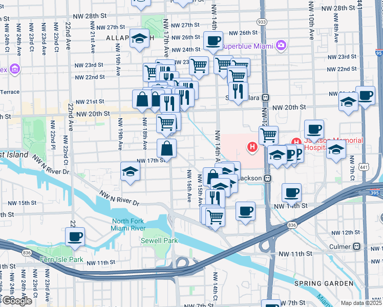 map of restaurants, bars, coffee shops, grocery stores, and more near 1661 Northwest 15th Street Road in Miami