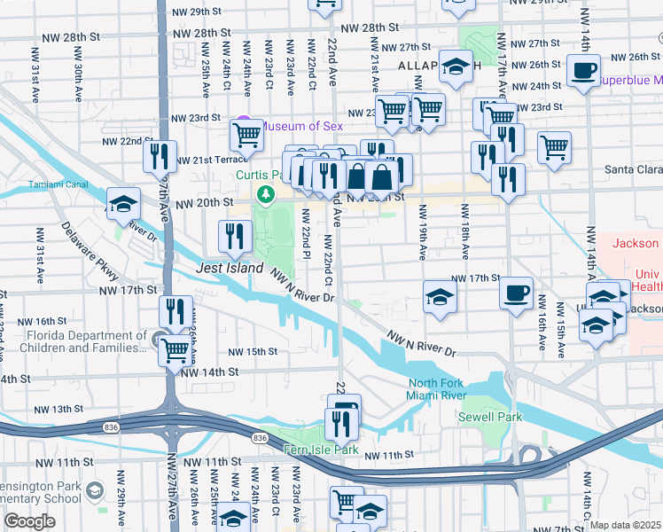 map of restaurants, bars, coffee shops, grocery stores, and more near 1696 Northwest 22nd Court in Miami