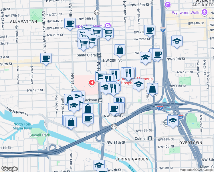 map of restaurants, bars, coffee shops, grocery stores, and more near 1611 Northwest 12th Avenue in Miami