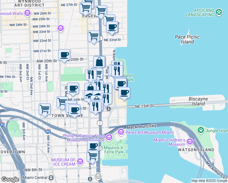 map of restaurants, bars, coffee shops, grocery stores, and more near 1700 North Bayshore Drive in Miami