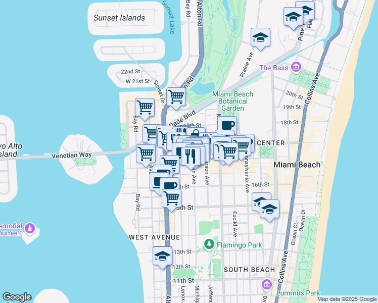 map of restaurants, bars, coffee shops, grocery stores, and more near 1029 Lincoln Road in Miami Beach