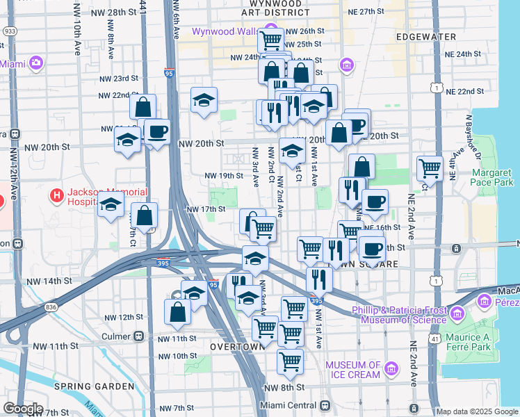map of restaurants, bars, coffee shops, grocery stores, and more near 1698 Northwest 3rd Avenue in Miami