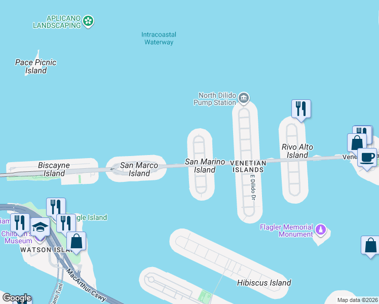 map of restaurants, bars, coffee shops, grocery stores, and more near 244 West San Marino Drive in Miami Beach