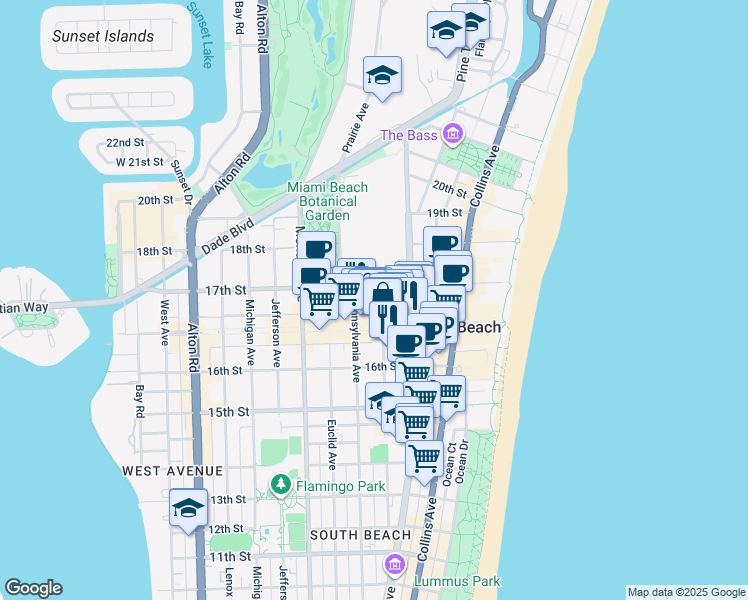 map of restaurants, bars, coffee shops, grocery stores, and more near 1657 Drexel Avenue in Miami Beach
