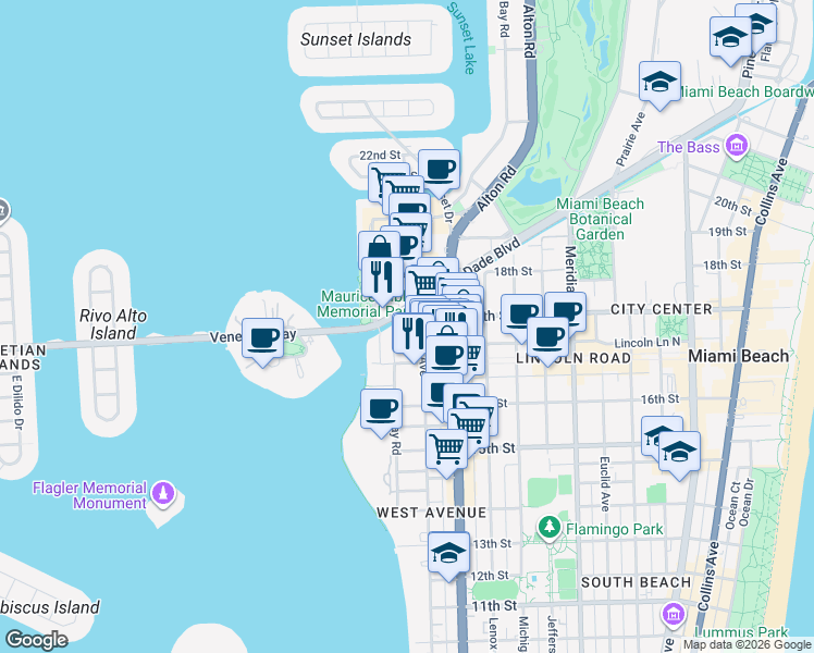 map of restaurants, bars, coffee shops, grocery stores, and more near 1665 Bay Road in Miami Beach