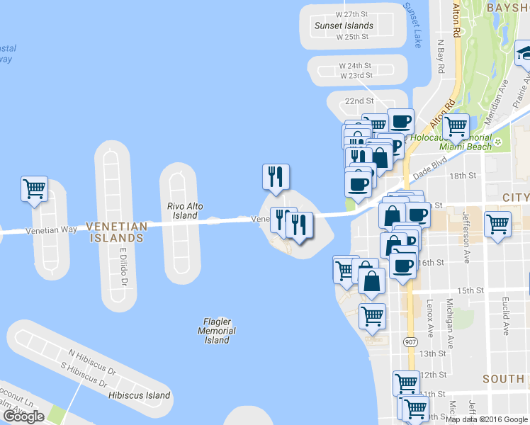 map of restaurants, bars, coffee shops, grocery stores, and more near in Miami Beach