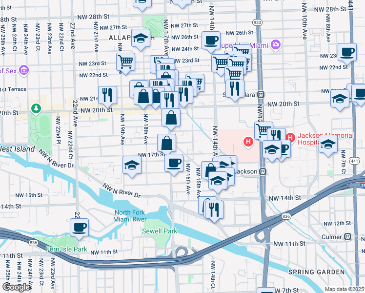 map of restaurants, bars, coffee shops, grocery stores, and more near 1661 Northwest 15th Street Road in Miami