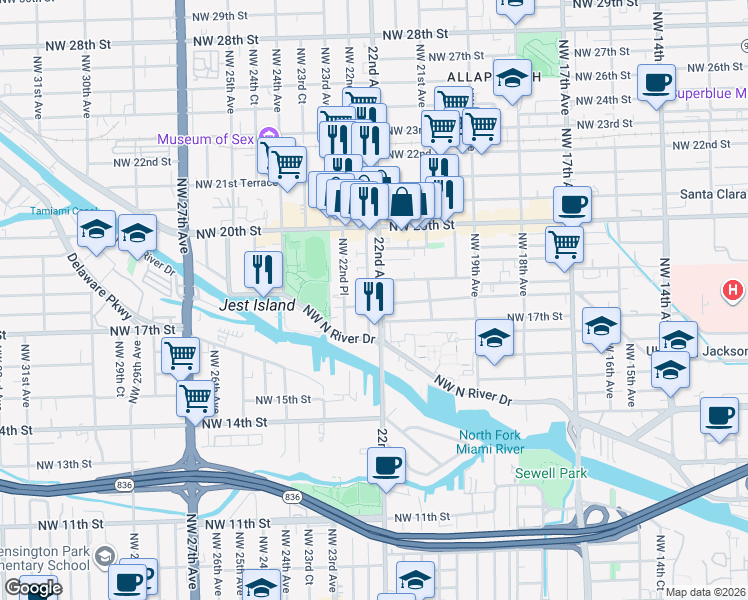 map of restaurants, bars, coffee shops, grocery stores, and more near 1696 Northwest 22nd Court in Miami