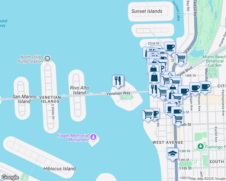 map of restaurants, bars, coffee shops, grocery stores, and more near in Miami Beach