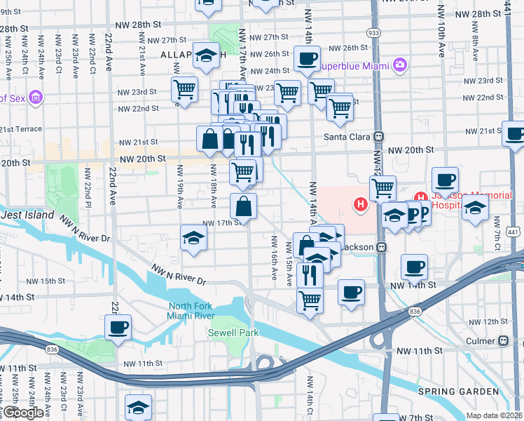 map of restaurants, bars, coffee shops, grocery stores, and more near 1655 Northwest 17th Avenue in Miami