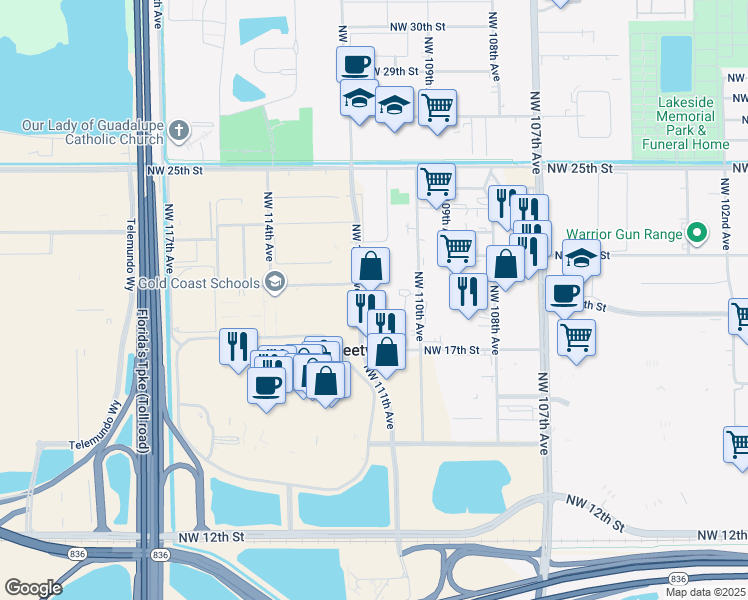 map of restaurants, bars, coffee shops, grocery stores, and more near 1835 Northwest 112th Avenue in Miami