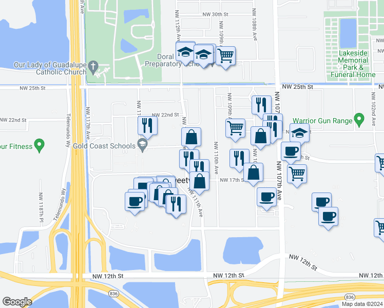 map of restaurants, bars, coffee shops, grocery stores, and more near 1835 Northwest 112th Avenue in Miami