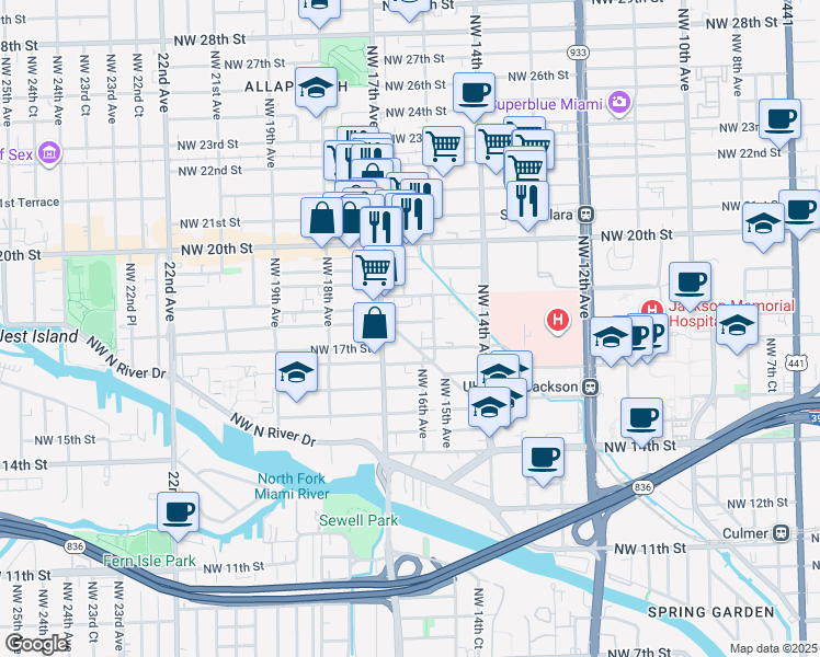 map of restaurants, bars, coffee shops, grocery stores, and more near 1515 Northwest 18th Street in Miami