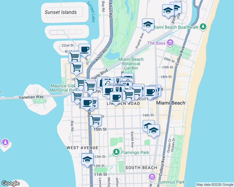 map of restaurants, bars, coffee shops, grocery stores, and more near 1719 Jefferson Avenue in Miami Beach