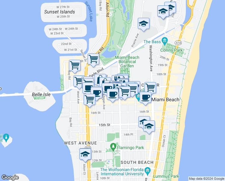 map of restaurants, bars, coffee shops, grocery stores, and more near 1719 Jefferson Avenue in Miami Beach