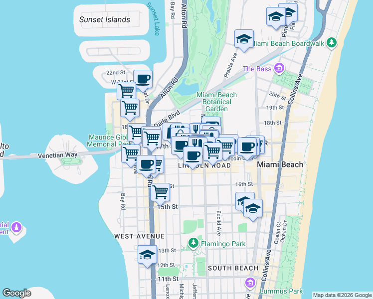map of restaurants, bars, coffee shops, grocery stores, and more near 1719 Jefferson Avenue in Miami Beach